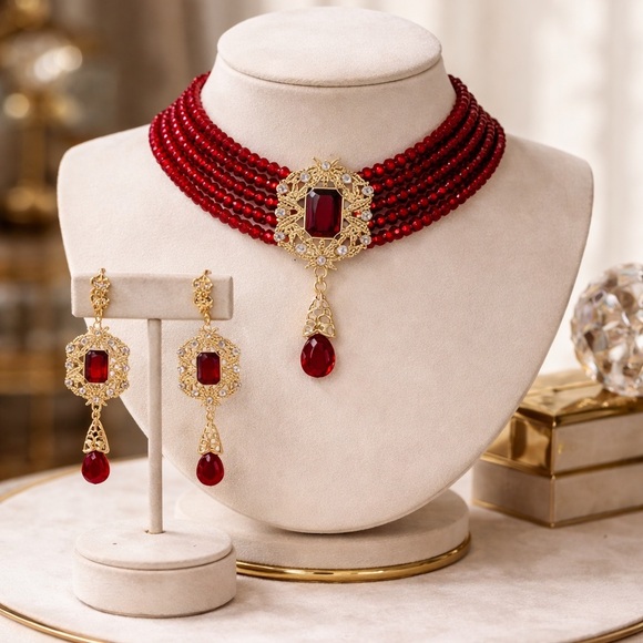 Jewelry - Elegant Gold and Red Victorian Faceted Beading Choker Necklace Earring Set